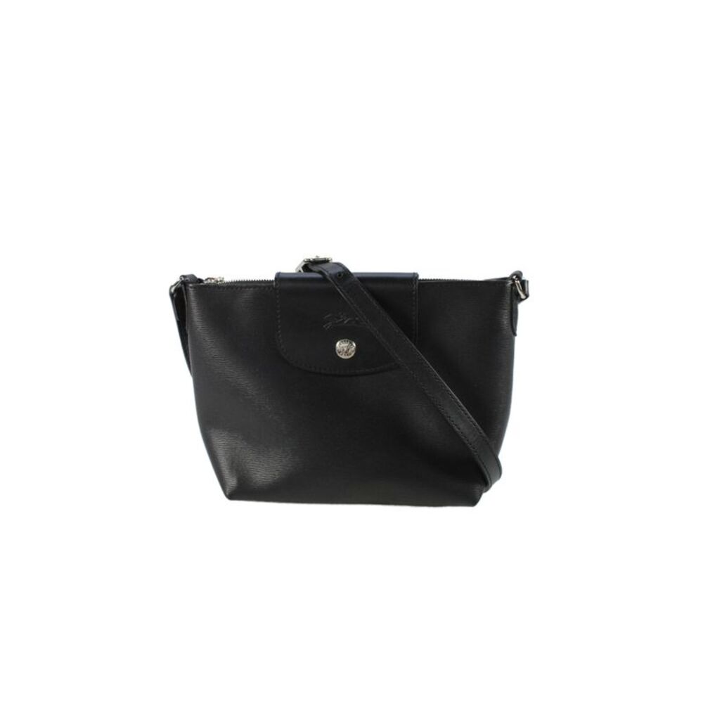 Longchamp Womens Leather Button Zip Crossbody Handbag Black